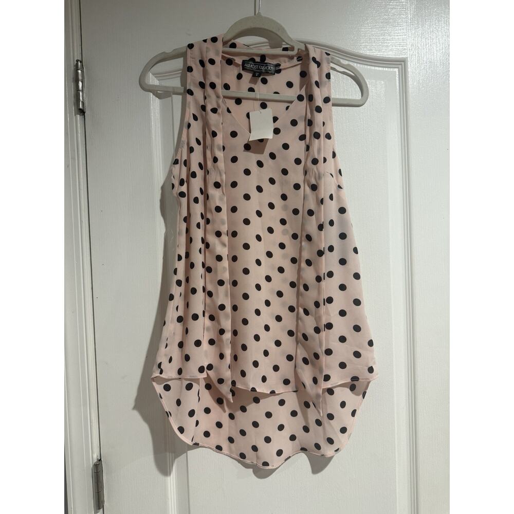 NWT Almost Famous Sleeveless Blouse Pink With Black Polka Dots Tie Front Size S
